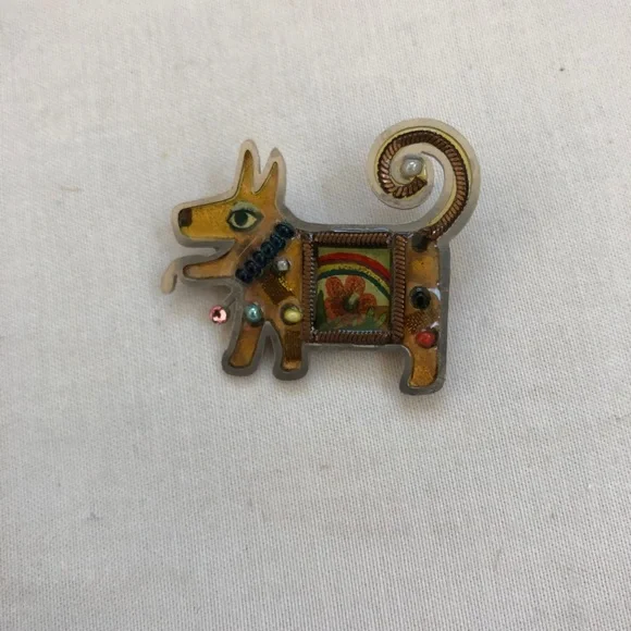 Seeka Dog Pin Art Deco Beaded Jewels Brooch Style Puppy Flowers Yellow Tone - Picture 4 of 12